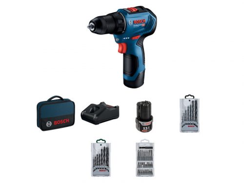 BOSCH Akkus fúrócsavarozó GSR 12V-30 táskában + tartozék készletek (2 x 2,0 Ah akku + gyorstöltő)